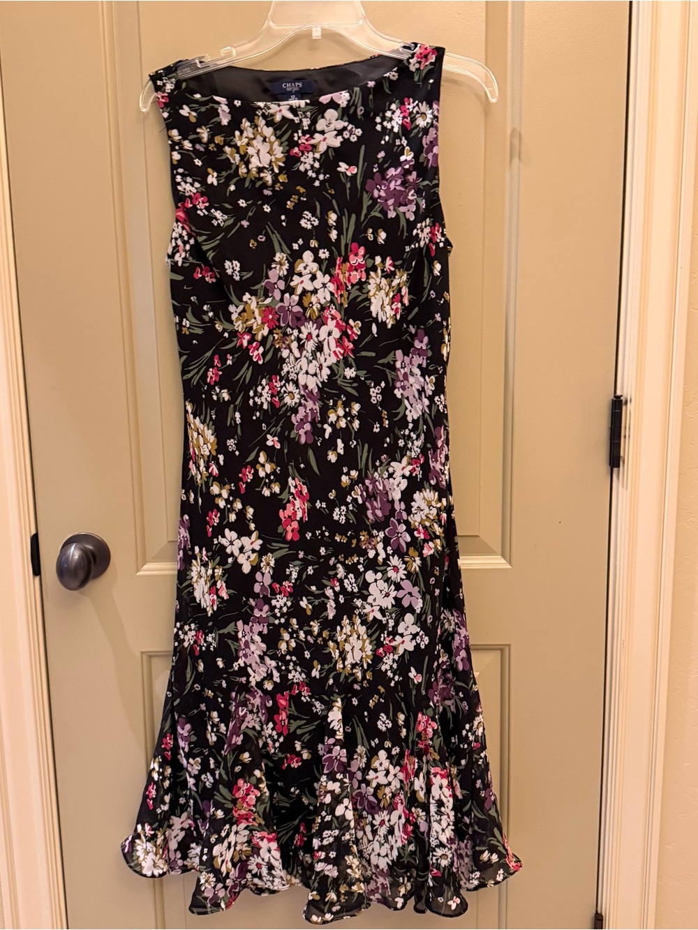 Chaps Black Floral Midi Dress with Pink & Purple Blooms